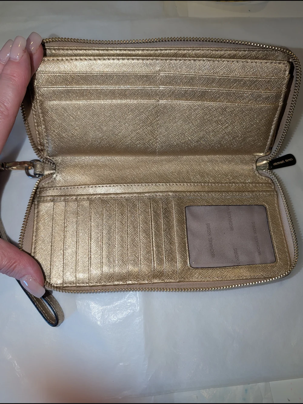 Michael Kors Jet Set Metallic Gold Saffiano Leather Zip Wallet‎ Wristlet luxury